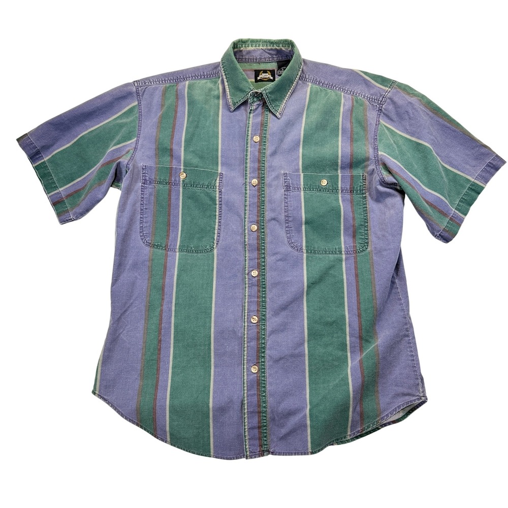Vintage 90s Lee Shirt Mens M Green Purple Stripe Cotton Short Sleeve Button Up